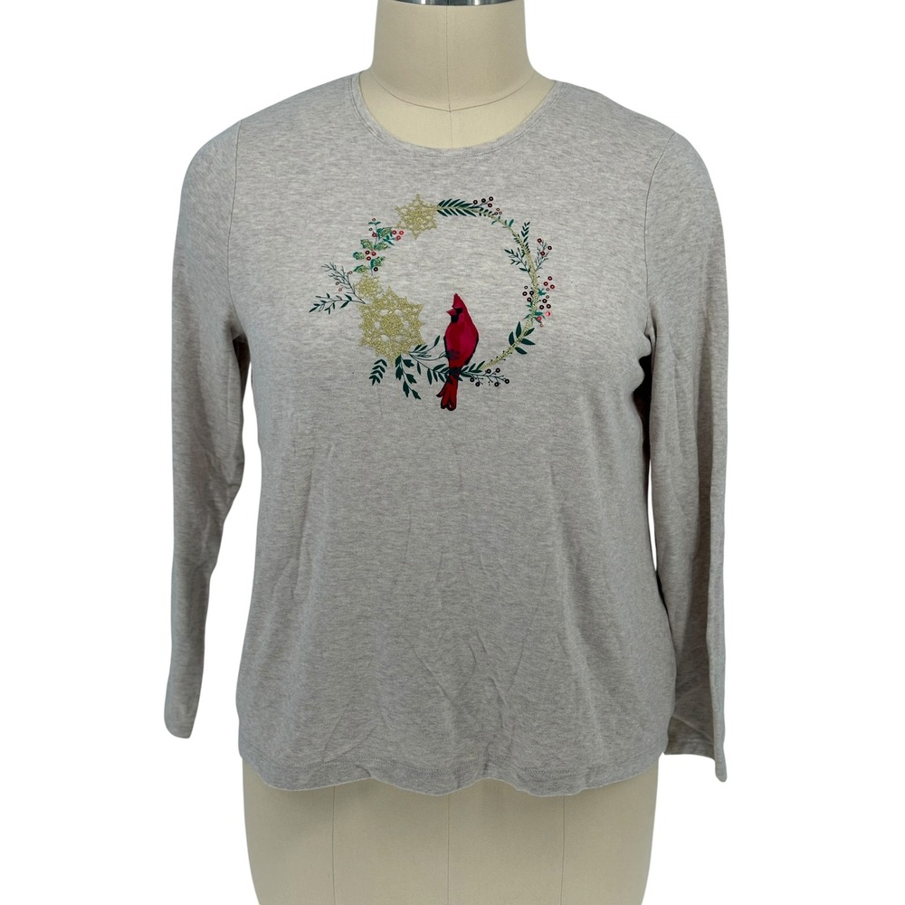 Croft & Barrow Classic Tee Beige Cardinal Wreath Glitter Holiday XXL